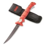 BUBBA 7-inch Folding Fillet Knife with non-slip grip and protective sheath, perfect for fishing and outdoor use