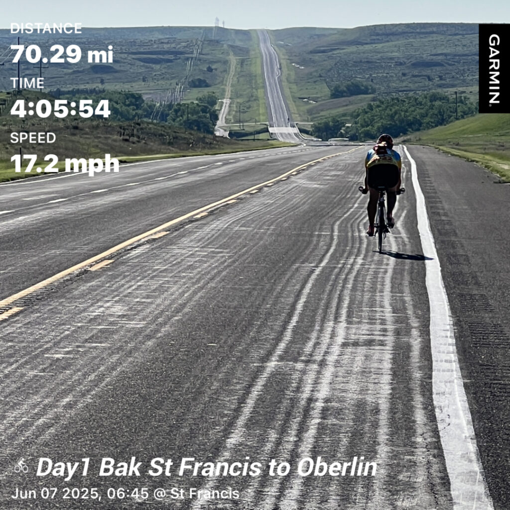 A Kansas highway stretches into the distance with a lone bicycle riding along the shoulder, framed by wide open skies and golden wheat fields.