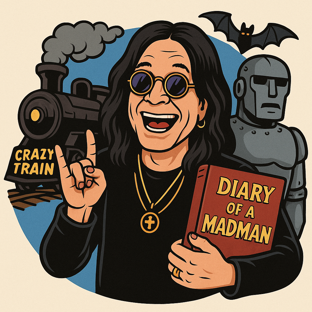: An illustration depicting a cartoon version of Ozzy Osbourne riding on top of a train labeled "Crazy Train". Beside him, Iron Man stands holding a diary, potentially referencing the Ozzy Osbourne album "Diary of a Madman