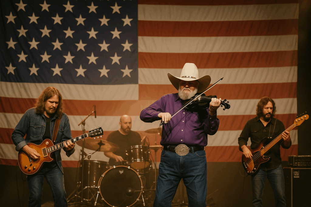 Charlie Daniels playing fiddle with bandmates — guitarist, bassist, and drummer — on stage with a large American flag backdrop.