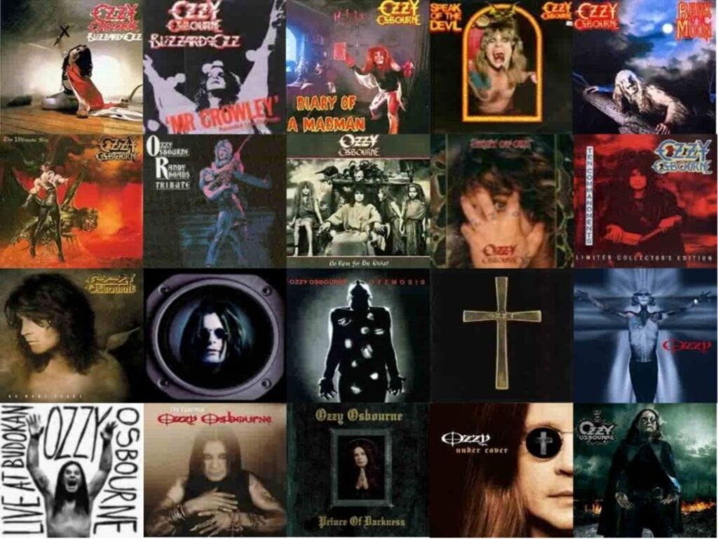 Ozzy Osbourne album covers collage featuring Blizzard of Ozz, Diary of a Madman, and other iconic metal classics.