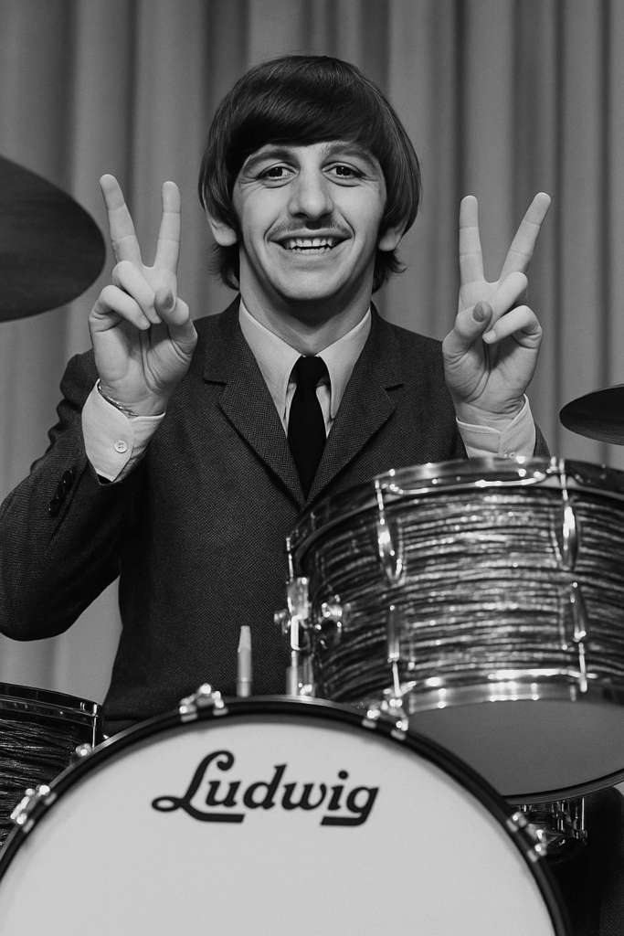 Young Ringo Starr smiling behind a drum kit during early Beatles years, flashing peace and confidence.