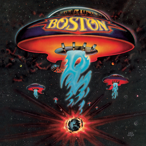 Boston band debut album cover featuring the iconic spaceship logo on a black background.