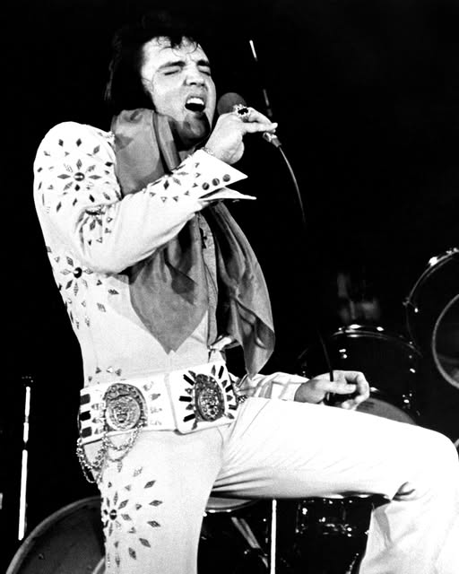 Elvis Presley sitting on a chair with a microphone, performing in his early career.