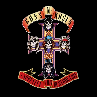 Guns N’ Roses Appetite for Destruction debut album cover featuring the iconic cross with skulls representing the band members.