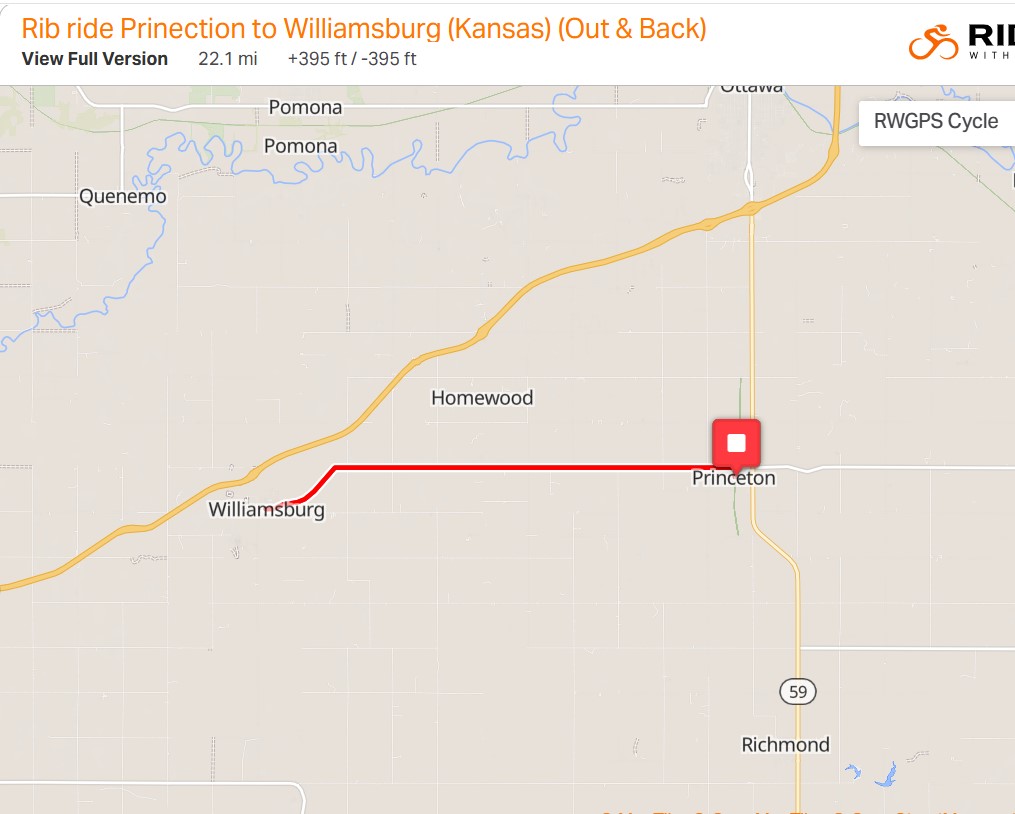 Map screenshot of the cycling route from Princeton to Williamsburg and back, highlighting Moss Tavern as the midway stop.