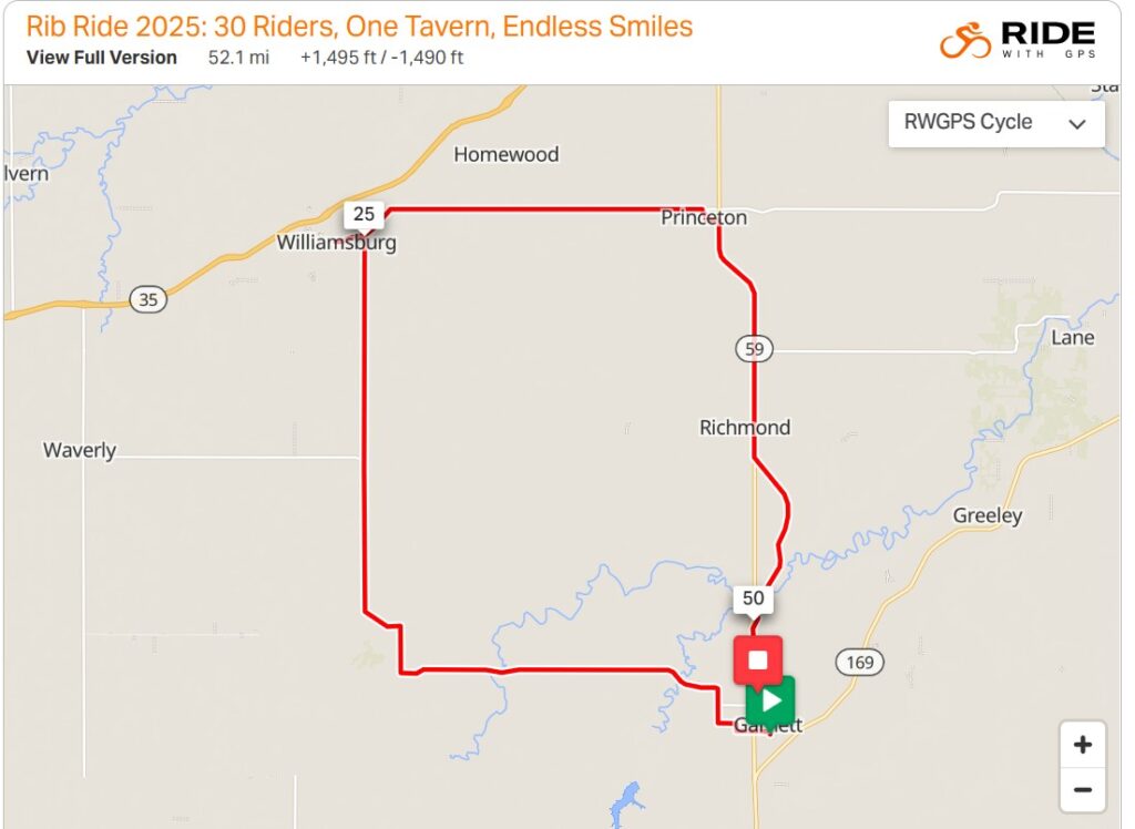 Map of cycling route from Garnett to Guy & Mae’s Tavern showing roads, landmarks, and turn-by-turn path.