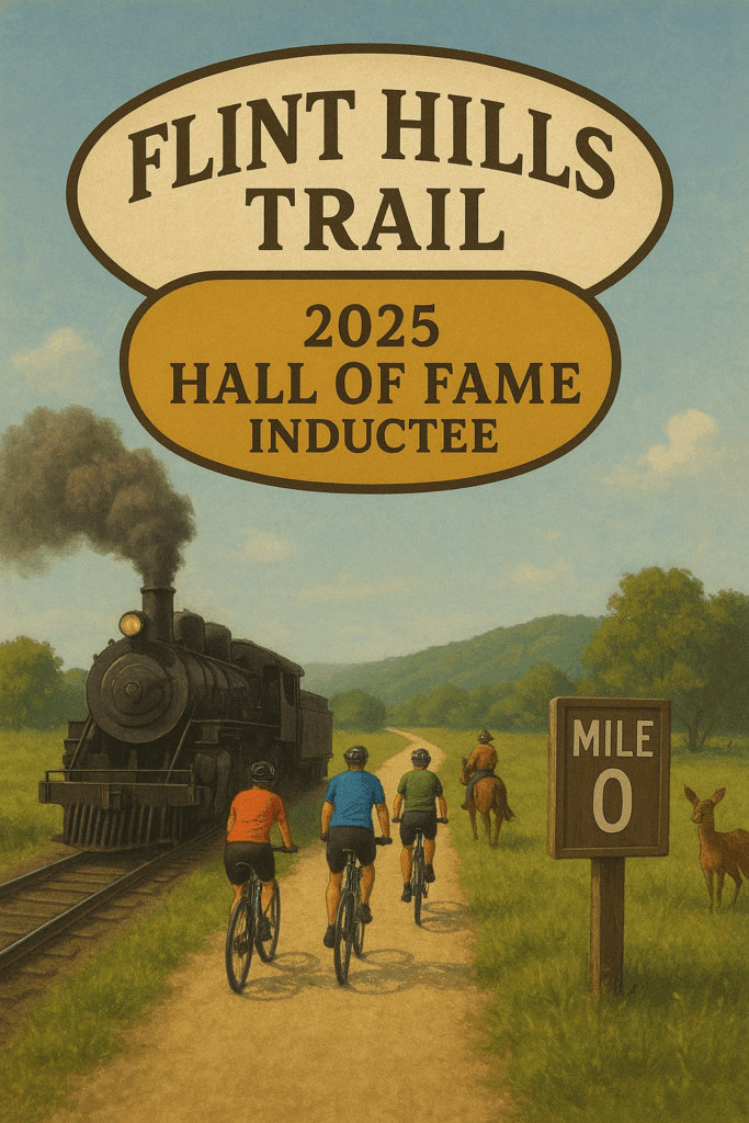 Cyclists riding along the Flint Hills Trail as a train passes nearby, with a loose horse in the background