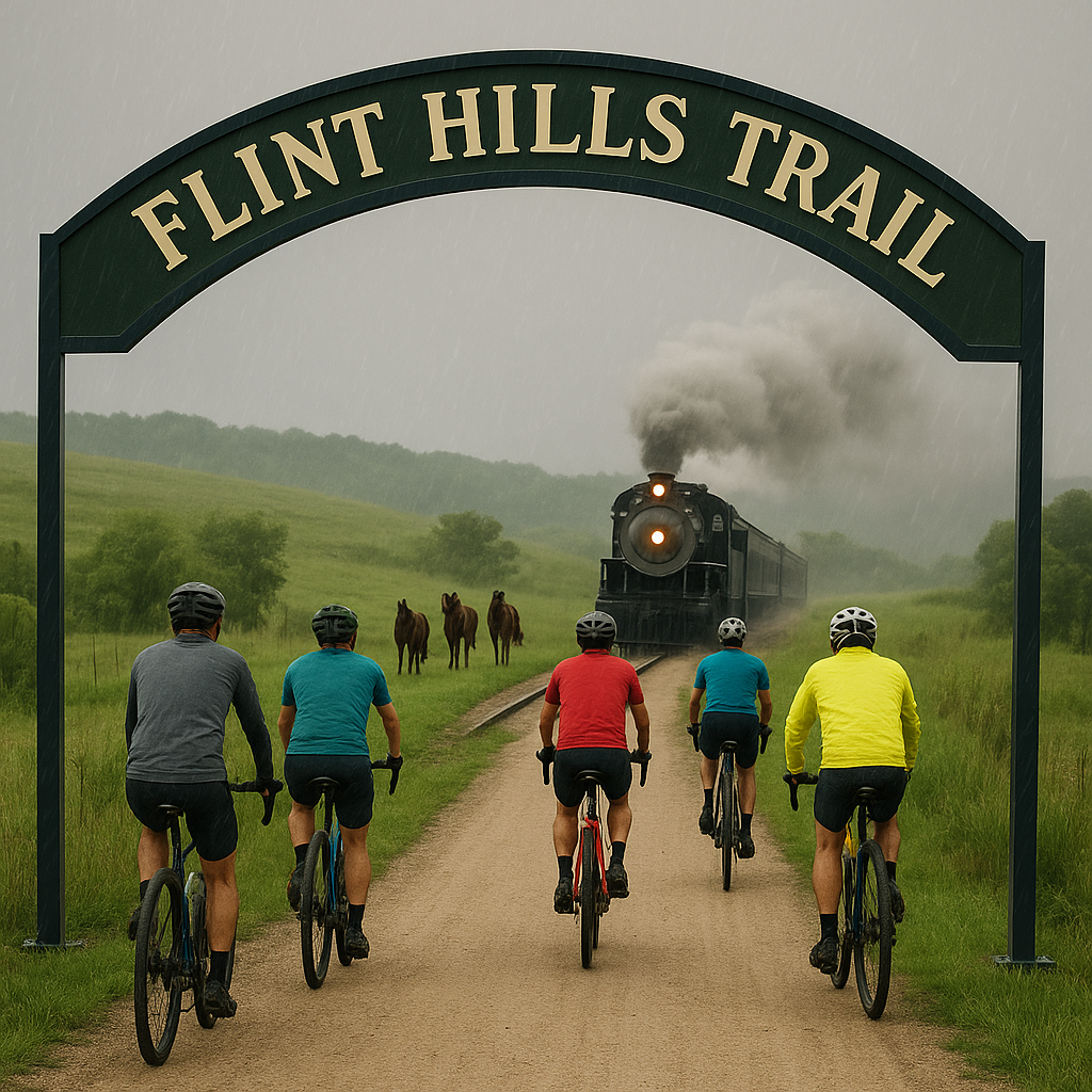 Flint Hills Trail at Mile Zero in Osawatomie, Kansas with train, cyclists, and horses along the scenic tallgrass prairie trail.