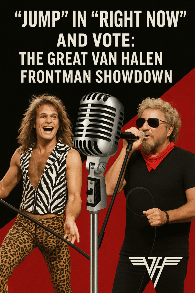 David Lee Roth and Sammy Hagar singing into a microphone during a Van Halen concert.