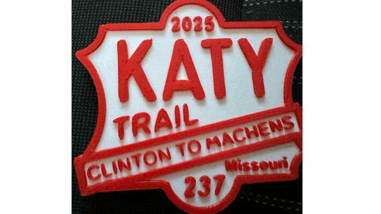 Map of the Katy Trail 2025 route from Clinton to Machens, showing towns, trailheads, and mileage markers.