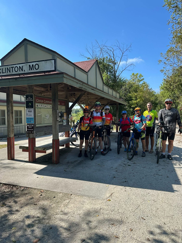 Group photo at the Clinton trailhead starting the first ride along the Katy Trail 2025, showing cyclists ready to begin the journey.