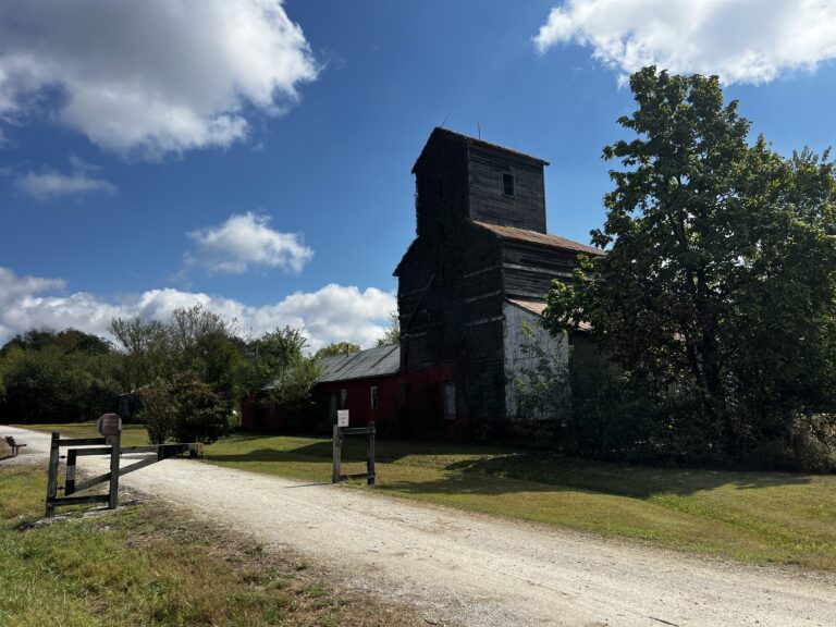 Historic wooden mill building in Calhoun along the Katy Trail, captured from the trailside.