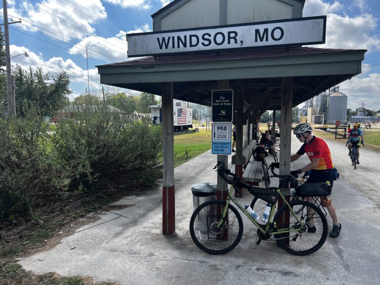 Our group of cyclists arriving at Windsor Trailhead on the Katy Trail, completing the first 19 miles from Clinton, part of the ShauneNation ride.