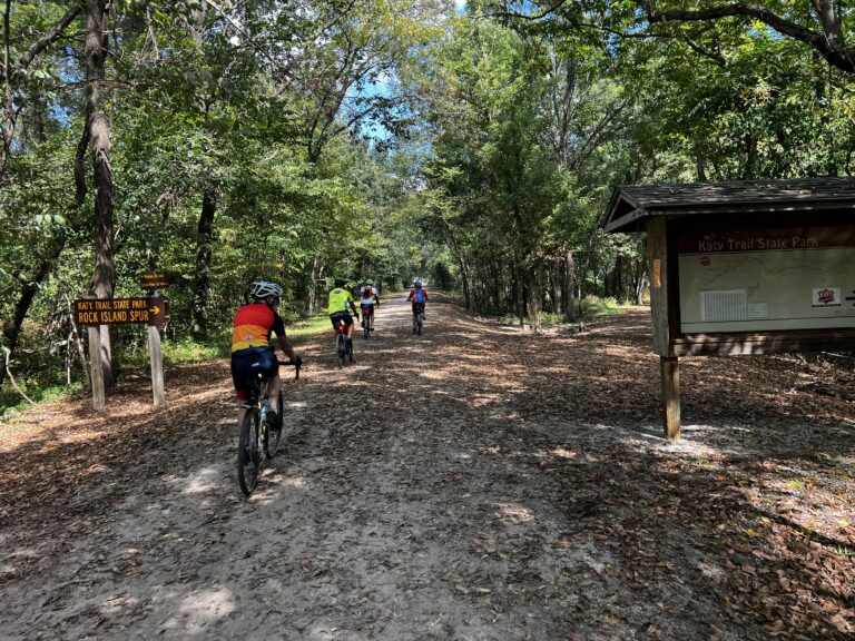 Cyclists at the Katy-Rock Junction in Windsor, Missouri, where the Katy Trail and Rock Island Trail intersect.