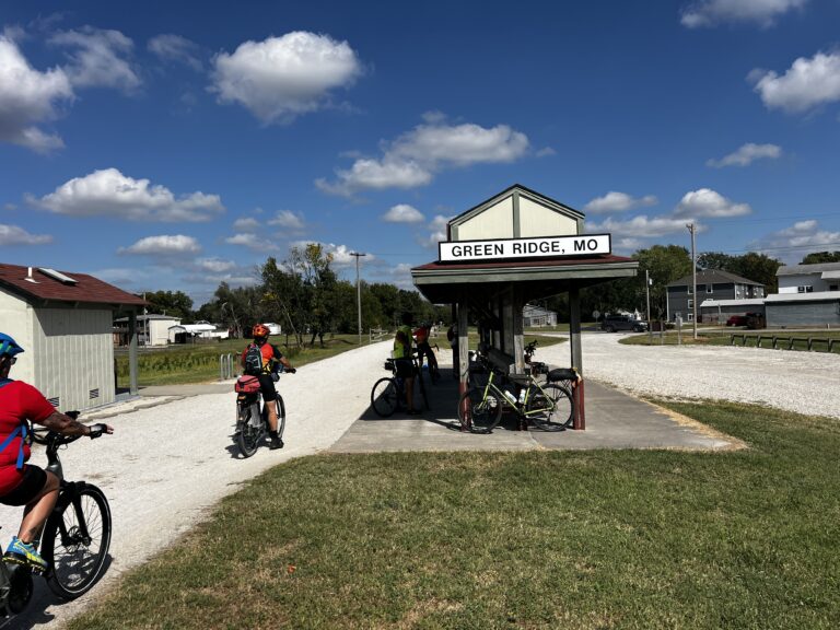 Cyclists at Green Ridge Trailhead on the Katy Trail, with flushing toilets, water, and nearby Casey’s convenience store.