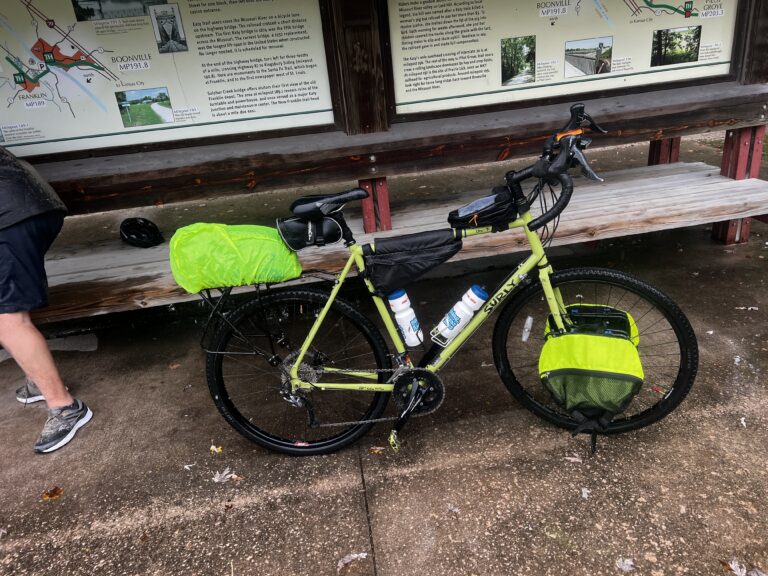 My bicycle at Boonville Trailhead on the Katy Trail, completely disabled due to a failed rear hub.