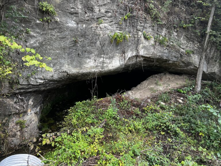 A large hillside opening resembling a mouth, with a creek running through it along the Katy Trail, tied to Lewis and Clark history.