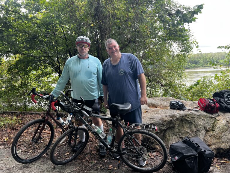 Cyclist Brent on the Katy Trail, catching up with friends during a ride.