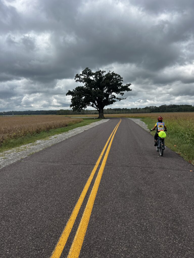Cyclist Kara riding along the Pin Oak Trail parallel to the highway near the Katy Trail.