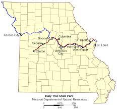 Map of Missouri highlighting the Katy Trail running across the middle of the state from Clinton to Machens.