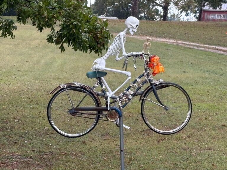 A skeleton posed on a bicycle along the Katy Trail, dressed like a rider.