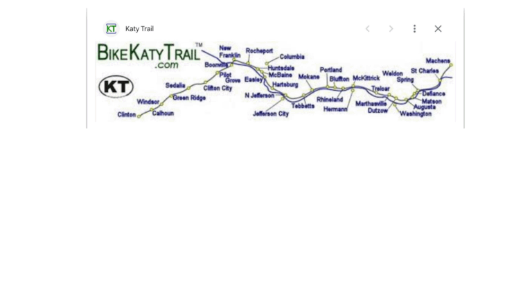 Map of the Katy Trail showing towns, trailheads, and stops from Clinton to Machens in Missouri.