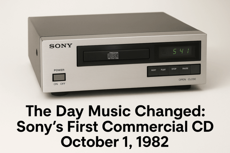 Sony 1982 CD player, first commercial compact disc player, historic music technology innovation