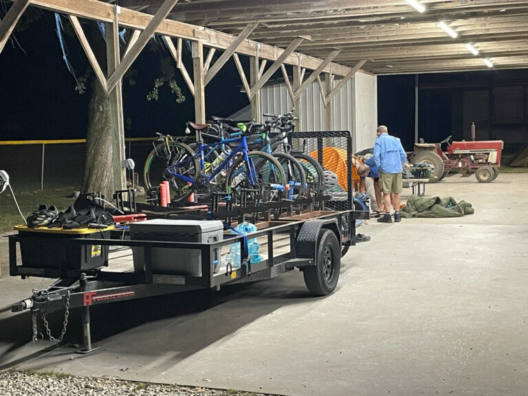 Camping at the Marthasville ball fields under the pavilion with bikes and a trailer, captured on a ShauneNation bike ride