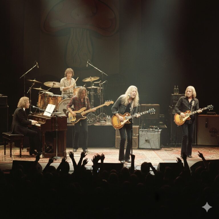 The Allman Brothers Band performing on stage in the early 1970s with Duane Allman on Gibson Les Paul, long hair, tie-dye vest, and a cheering crowd behind them.