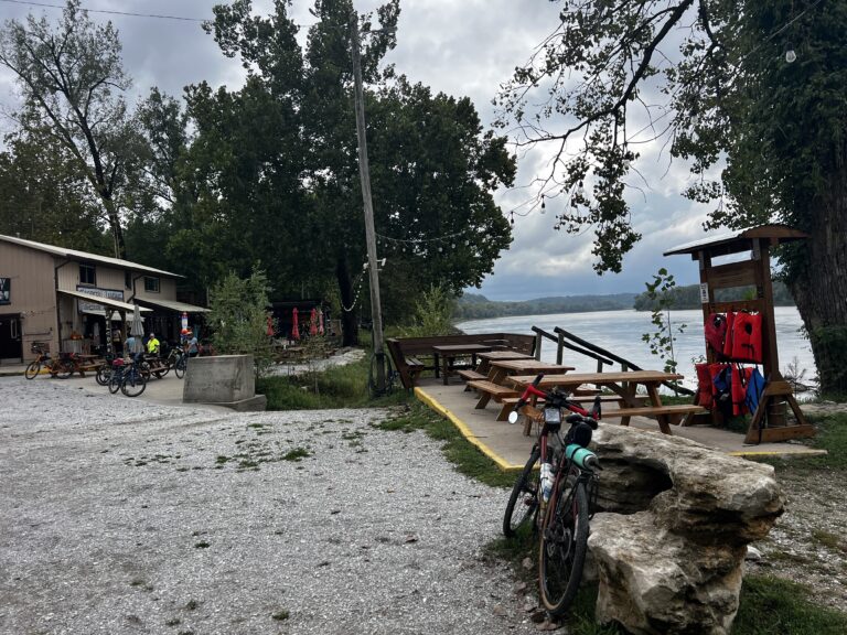 Cooper’s Landing at Easley, Missouri on the Katy Trail with bicycles, picnic tables, river view, and historic landing building – ShauneNation adventure