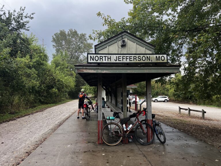 Bicyclists and bicycles at the North Jefferson, Missouri trailhead parking lot along the Katy Trail