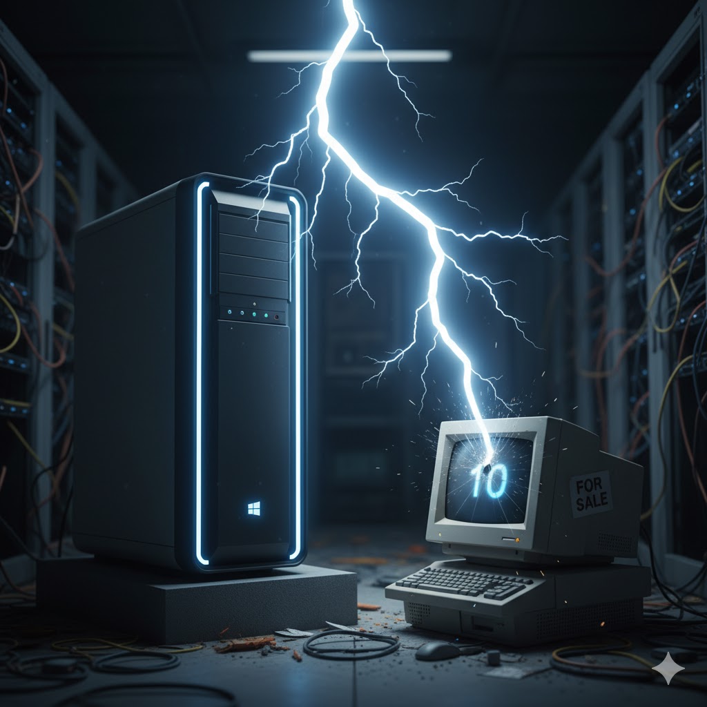 Computer vs. Puter: A large, modern computer (Windows 11) striking a small, old Windows 10 "Puter Ten" with a powerful lightning bolt to visualize the digital collapse after support ends.
