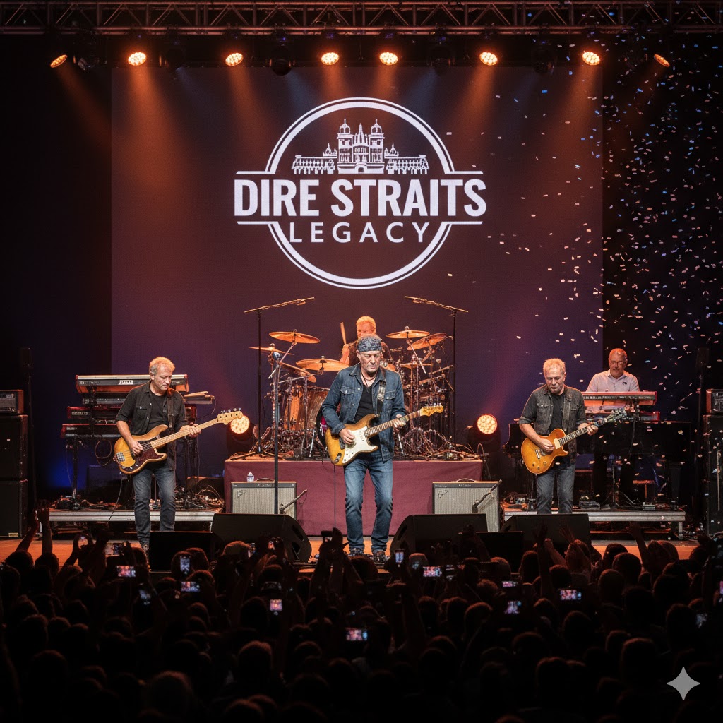 Dire Straits band performing live on stage, all five members playing instruments, colorful confetti falling around them