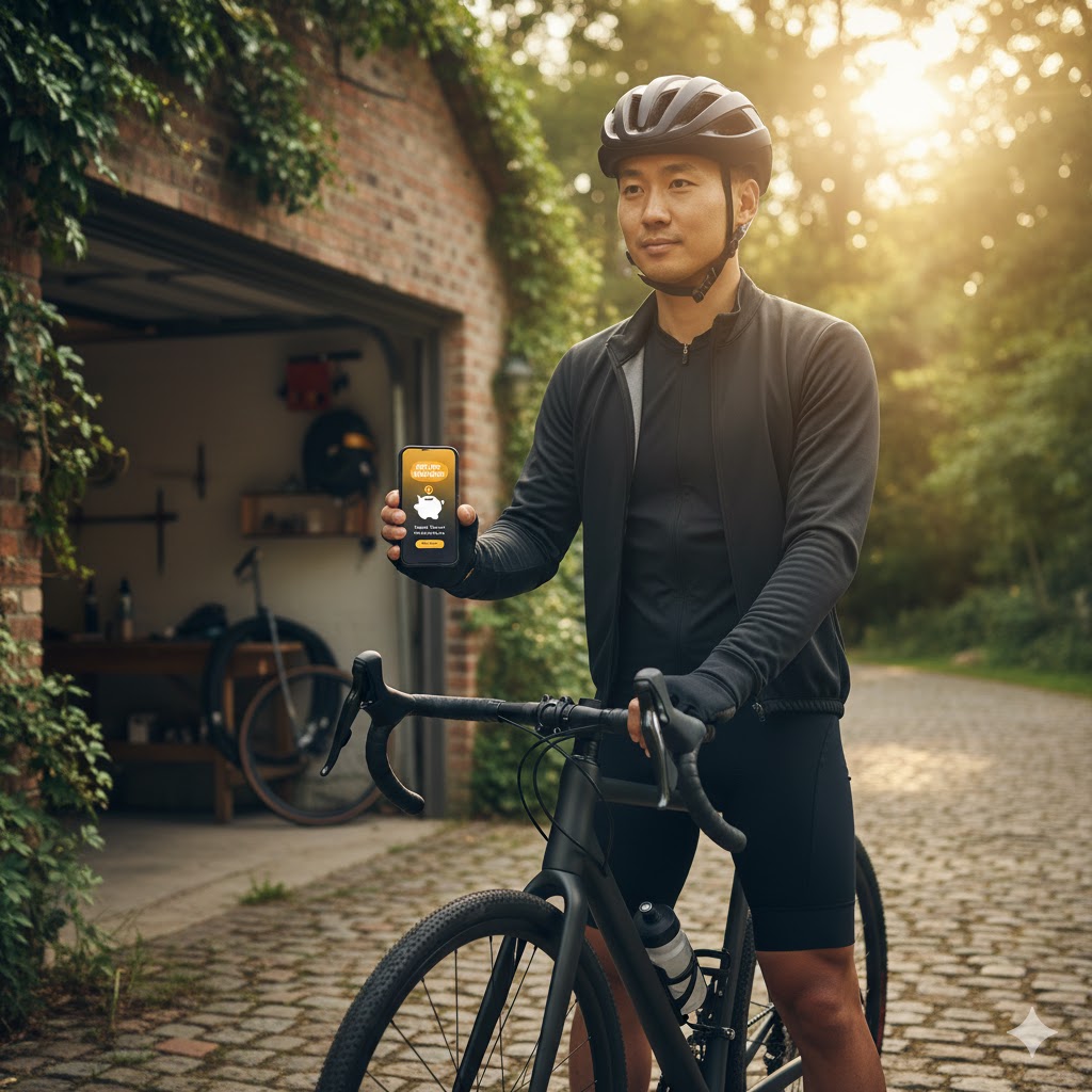 Cyclist standing with bike checking Capital One Shopping extension on phone, sunlit trees in background | #shaunenation