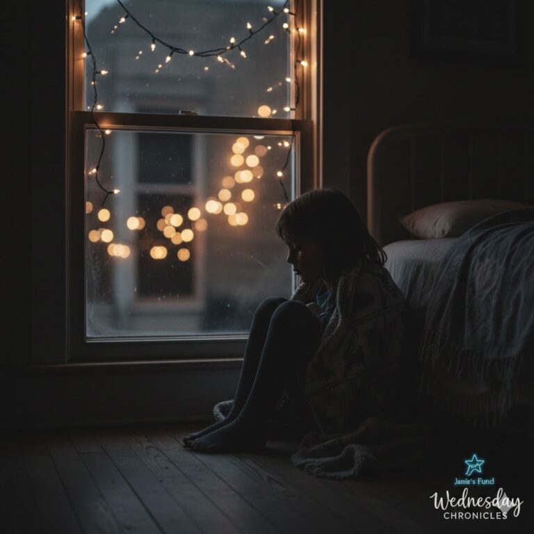 A child sitting alone near a window at night with soft holiday lights in the background, suggesting loneliness and an unsafe home during the festive season.