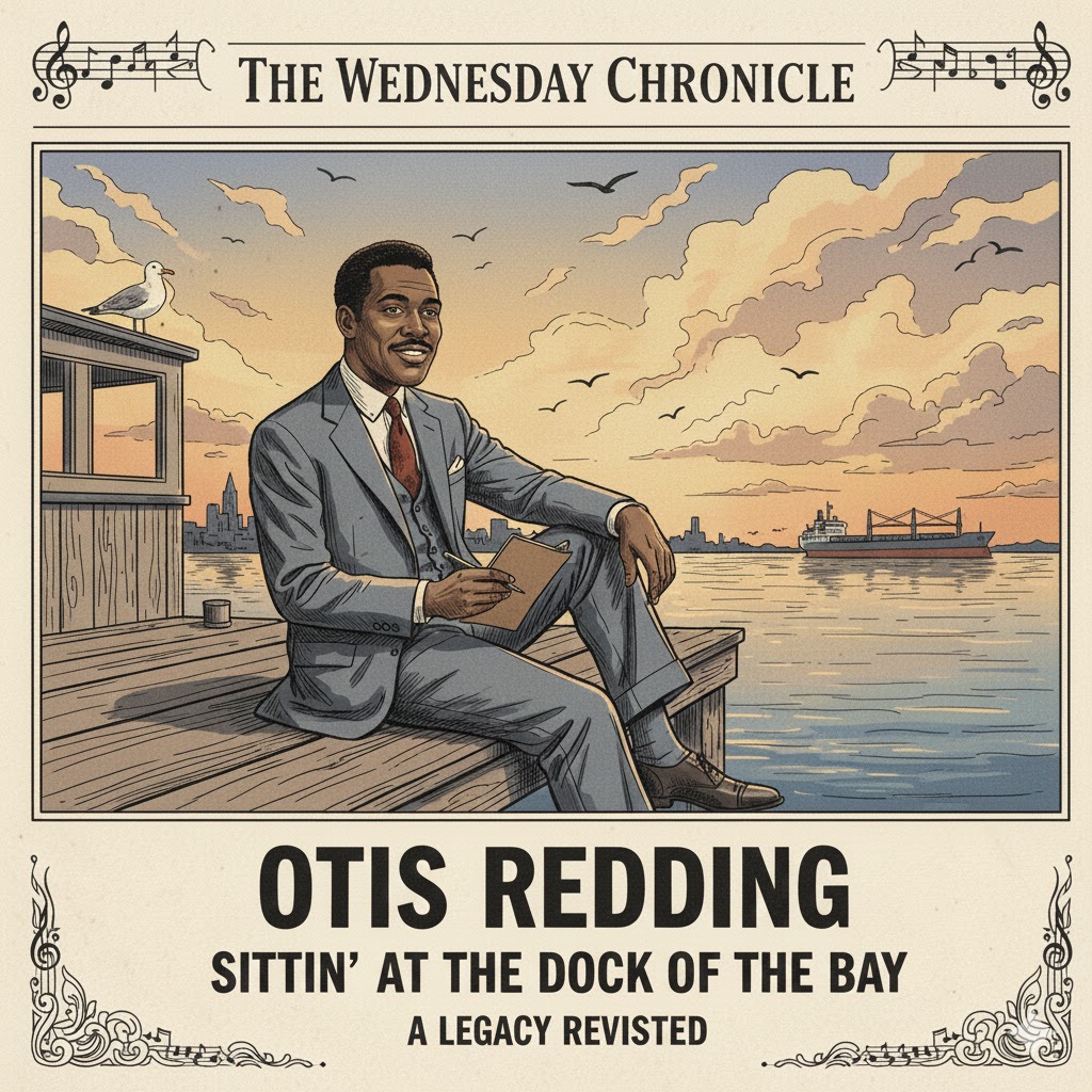 Otis Redding sitting on a dock with a ship in the background during the era of “Sittin’ On The Dock of the Bay.