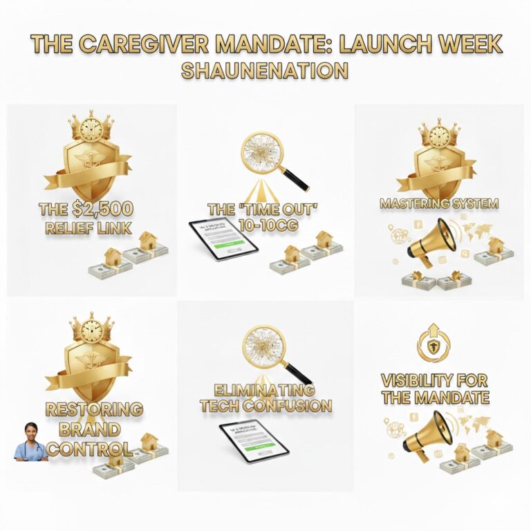 Visual overview of The Caregiver Mandate Launch Week showing six system pillars: the $2,500 relief link, the caregiver time-out system, mastering VA Form 10-10CG, restoring brand control, eliminating tech confusion, and visibility for the mandate.