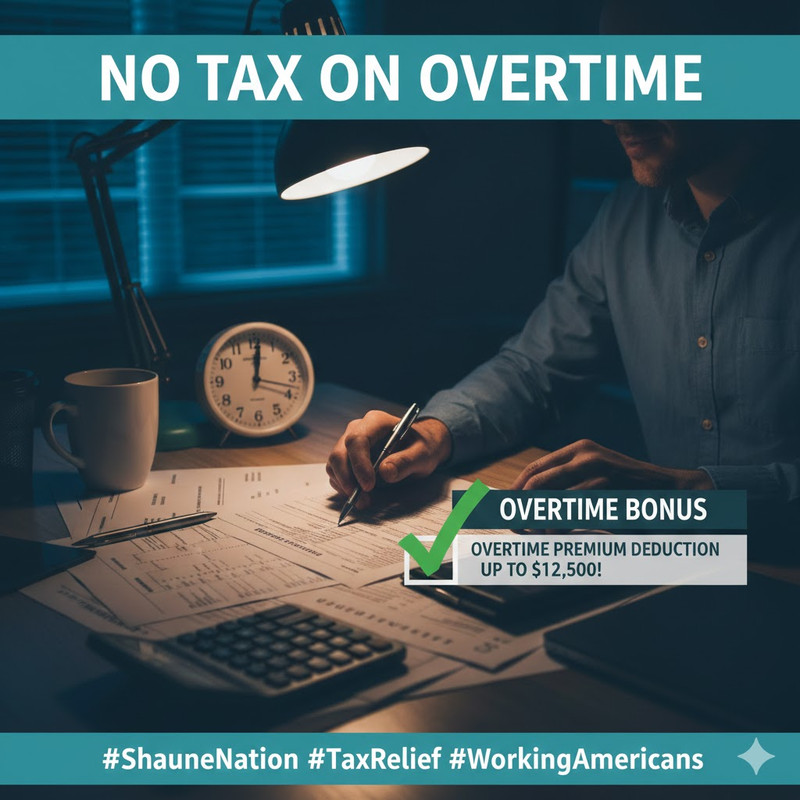 Illustration representing 2025 tax relief for working Americans, showing no tax on tips and no tax on overtime pay under new federal tax rules, with service workers, overtime labor imagery, tax documents, and a savings jar symbolizing reduced taxable income.
