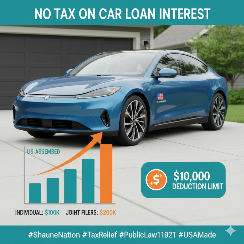Image of a new car with an American flag graphic representing the 2025 no tax on car loan interest deduction, highlighting the $10,000 annual deductible limit for qualifying U.S.-assembled vehicles purchased for personal use.