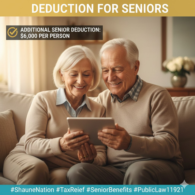 Illustration representing 2025 additional senior tax deduction, showing a couple of seniors with financial documents, highlighting the $6,000 per-person deduction for taxpayers age 65 and older under the One, Big, Beautiful Bill Act.