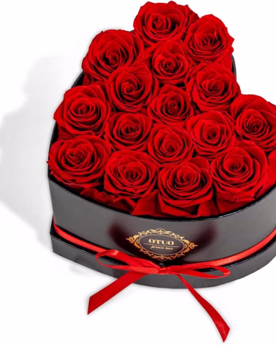 Heart-shaped gift box filled with 16 preserved roses that last for years, a luxury romantic gift for anniversaries, Valentine’s Day, or birthdays.