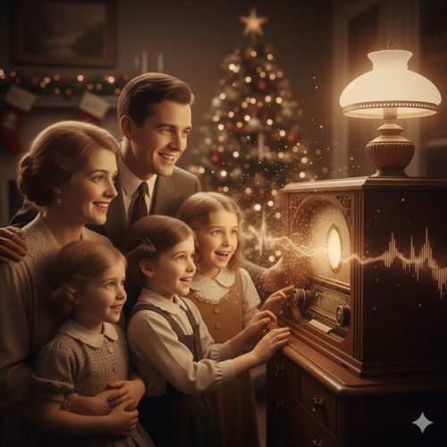 A family gathered around an antique radio, listening with rapt, singular focus during their first experience with the new broadcast technology.