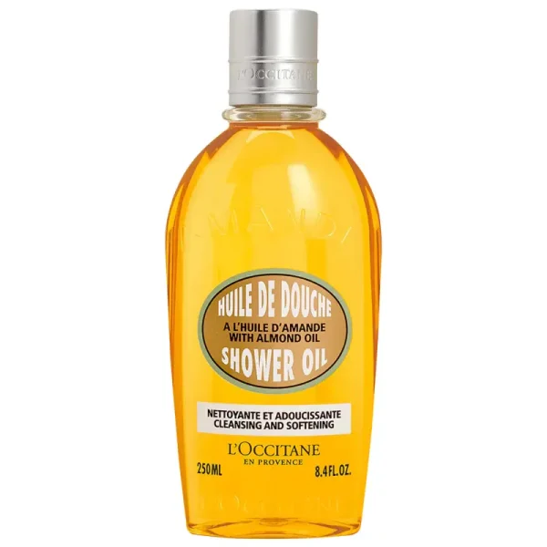 L’Occitane Almond Shower Oil in golden bottle, transforms from oil to milk for a luxurious shower experience – ShauneeNation