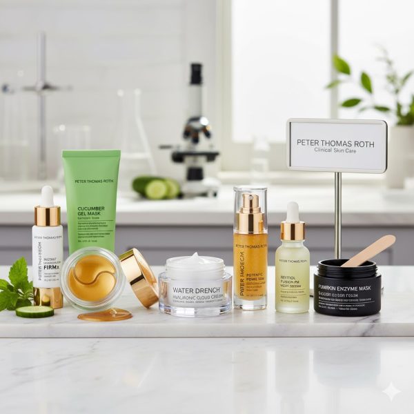 Peter Thomas Roth Bestsellers: Instant FIRMx, Water Drench Cloud Cream, and Cucumber Gel Mask on a white lab countertop with a microscope in the background, emphasizing clinical, results-driven skincare.