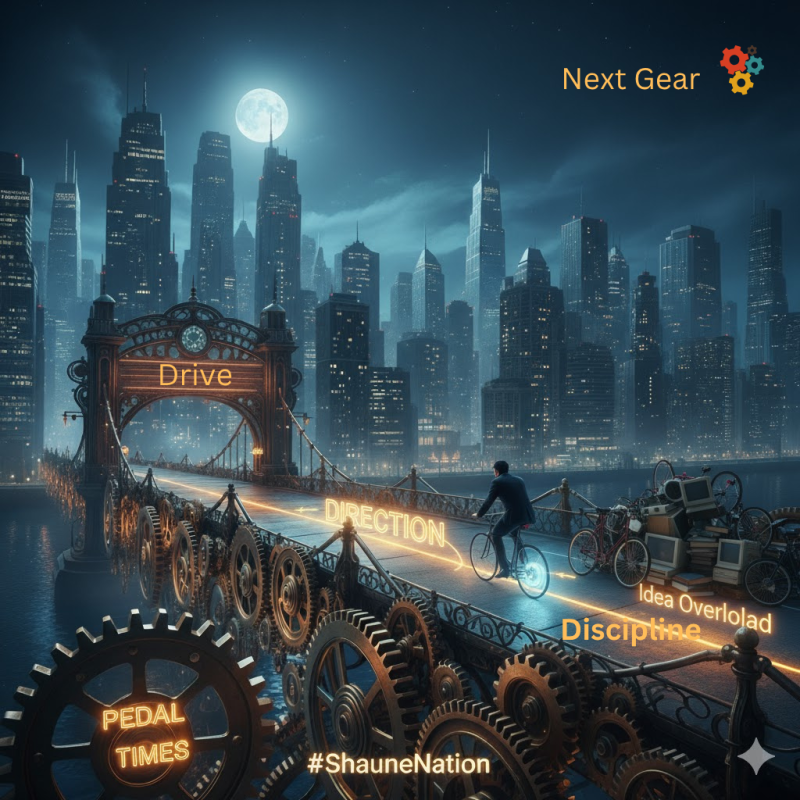 Cyclist riding across a gear-filled bridge at night with moonlit Chicago skyline, featuring Direction, Drive, and Discipline elements – ShauneNation