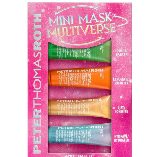 Peter Thomas Roth Mini Mask Multiverse 4-piece skincare kit with colorful gel and clay mask jars displayed