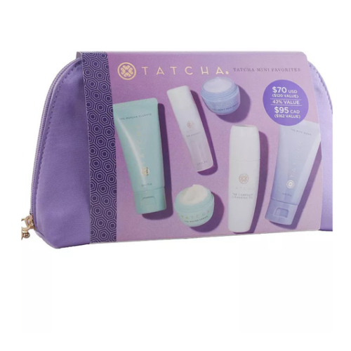 Tatcha Mini Favorites Set with travel-size cleansers essence and moisturizers on a white background