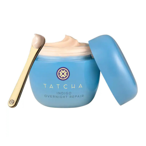 Tatcha Indigo Overnight Repair Treatment jar with calming blue design on white background