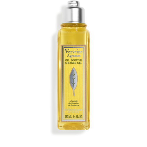 L’Occitane Verbena Shower Gel bottle with fresh verbena leaves, showing freshness and revitalizing qualities